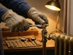Technicus stelt messing radiatorventiel af, precisiegereedschap op werkbank, warme verlichting benadrukt metalen texturen.