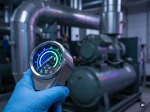 Technicus houdt moderne koelmiddelmeter vast, wijzerplaat met blauw-groene tinten, industriële koeling op achtergrond.