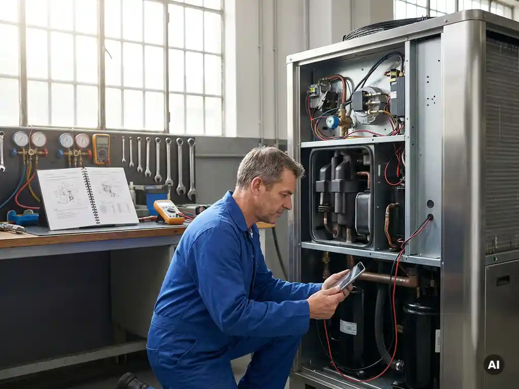 Technicus onderzoekt ventilatiesysteem met gereedschap en handleiding op werkbank, natuurlijk licht door raam, fotorealistisch.