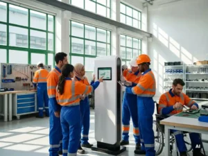 Technici installeren onderdelen bij laadstation voor elektrische voertuigen in moderne werkplaats met natuurlijk licht.