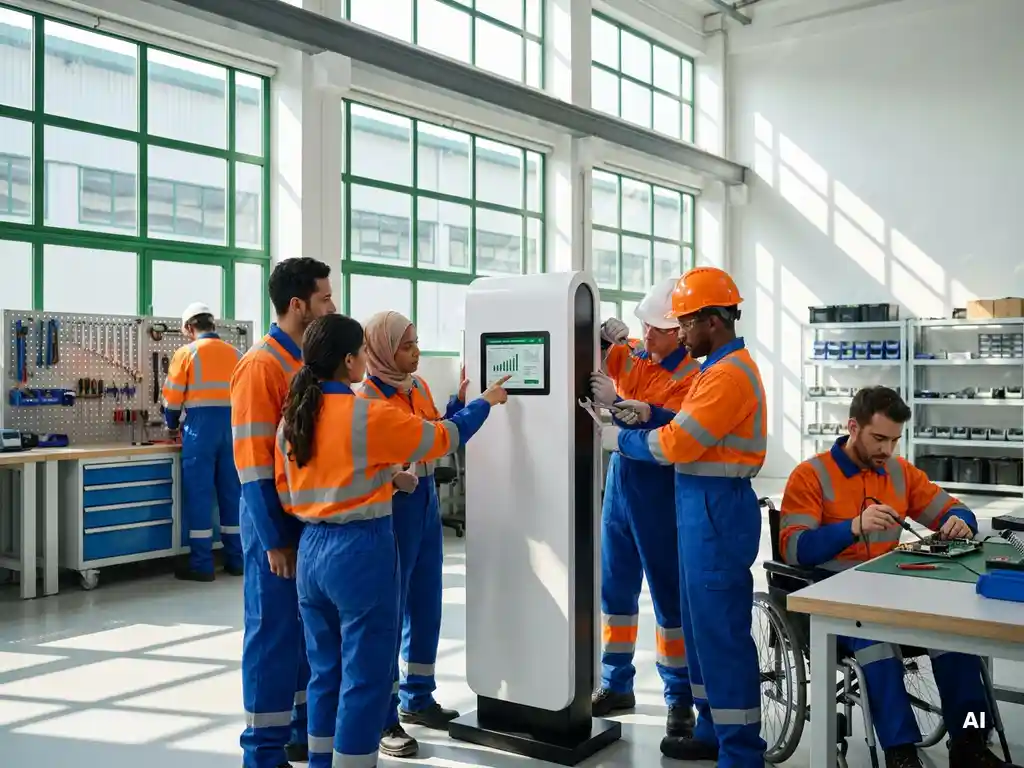 Technici installeren onderdelen bij laadstation voor elektrische voertuigen in moderne werkplaats met natuurlijk licht.