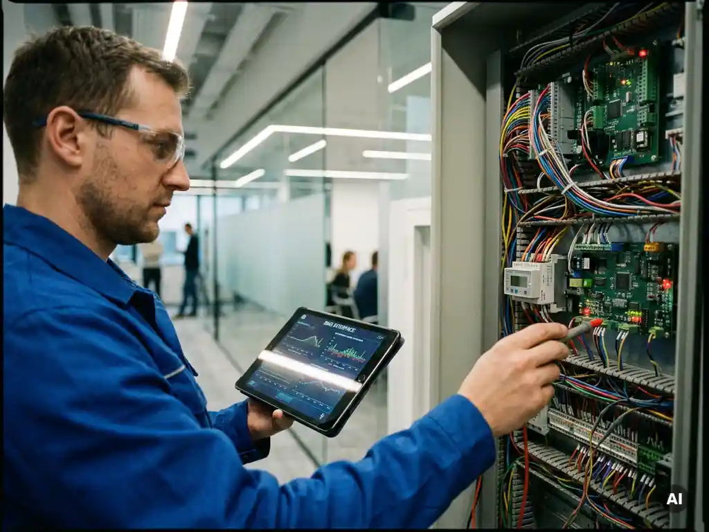 Technicus onderzoekt complex bedieningspaneel met bedrading en tablet, omgeven door modern kantoor met glazen wanden en sfeerverlichting.