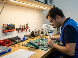 Technicus onderzoekt aandachtig een complex circuitbord met gereedschap op werkbank, gedetailleerde elektronische componenten.