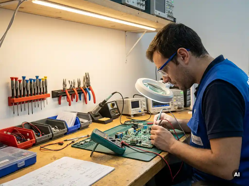 Technicus onderzoekt aandachtig een complex circuitbord met gereedschap op werkbank, gedetailleerde elektronische componenten.