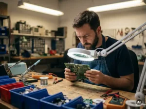 Technicus onderzoekt circuitbord in werkplaats, omringd door gereedschap en onderdelen, met zachte verlichting en gedetailleerde focus.