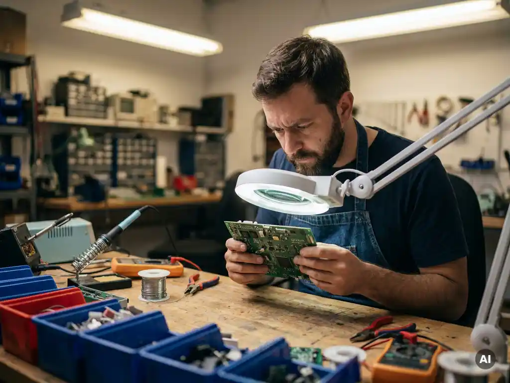 Technicus onderzoekt circuitbord in werkplaats, omringd door gereedschap en onderdelen, met zachte verlichting en gedetailleerde focus.