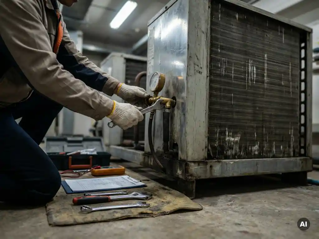 Technicus stelt drukmeter af bij industriële koelunit, gefocust met gereedschap op de vloer, metallic oppervlakken reflecteren licht.