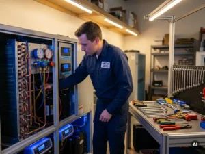 Technicus onderzoekt koeleenheid met gereedschap op werkbank, blauwe tinten, warme verlichting, fotorealistisch.