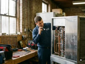 Technicus onderzoekt commerciële koelunit met gereedschap op werkbank, verlicht door zacht natuurlijk licht, 35mm filmopname.