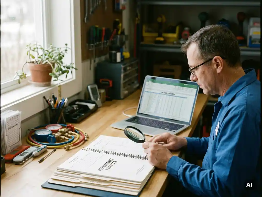 Koude technicus onderzoekt koelmiddelregister, laptop met digitale gegevens, gereedschap en formulieren in georganiseerd werkruimte.
