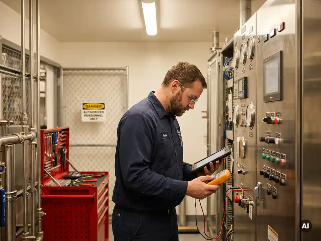 Technicus onderzoekt koelinstallatie bedieningspaneel, "Alleen bevoegd personeel" bord zichtbaar, industriële omgeving.