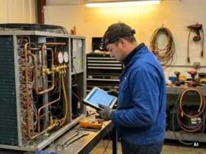 Technicus onderzoekt koelsysteem met pijpen en meters, houdt tablet met schema vast, omringd door gereedschap in warme werkplaats.