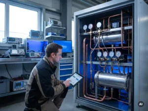 Technicus onderzoekt koelsysteem in moderne werkplaats, omgeven door diagnostische tools, LED-gloed op metalen oppervlakken.