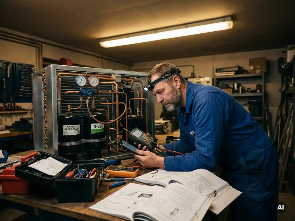 Technicus onderzoekt complex koelsysteem met natuurlijke koelmiddelen, omringd door gereedschap en handleidingen in werkplaats.