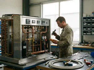 Technicus onderzoekt koelinstallatie met gereedschap en meters, metalen oppervlakken reflecteren zacht licht in georganiseerde werkplaats.