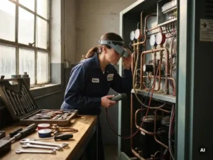 Technicus onderzoekt nauwkeurig een complex koelsysteem, met gereedschap op werkbank, in sfeervol verlichte werkplaats.