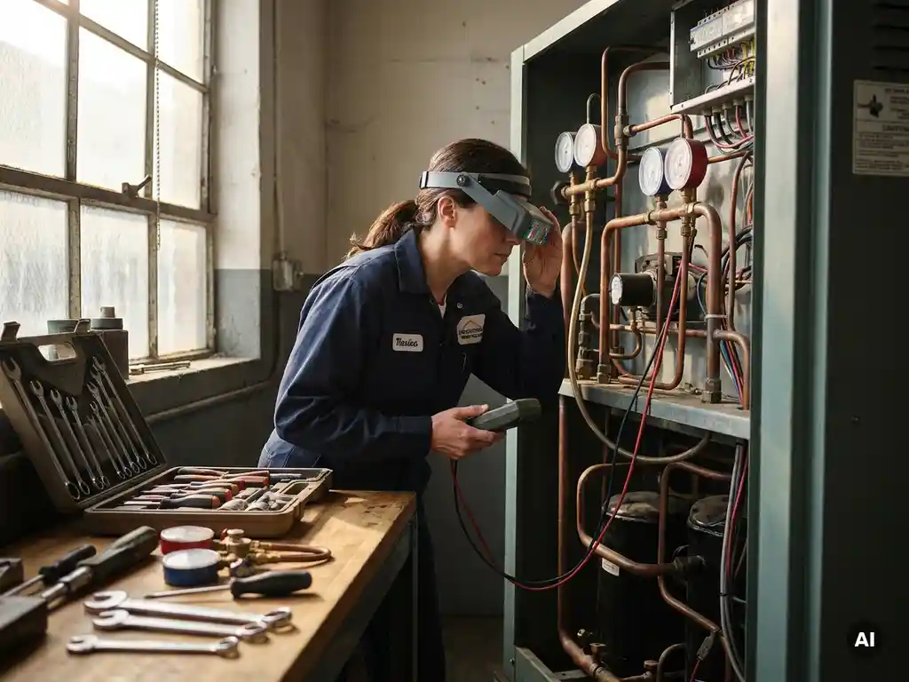 Technicus onderzoekt nauwkeurig een complex koelsysteem, met gereedschap op werkbank, in sfeervol verlichte werkplaats.