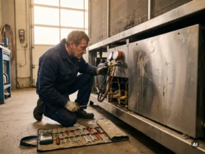 Technicus inspecteert industriële koelunit met focus, omringd door gereedschap, reflecties op metalen oppervlak, gedetailleerde texturen.