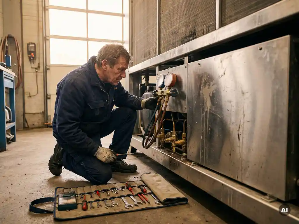 Technicus inspecteert industriële koelunit met focus, omringd door gereedschap, reflecties op metalen oppervlak, gedetailleerde texturen.