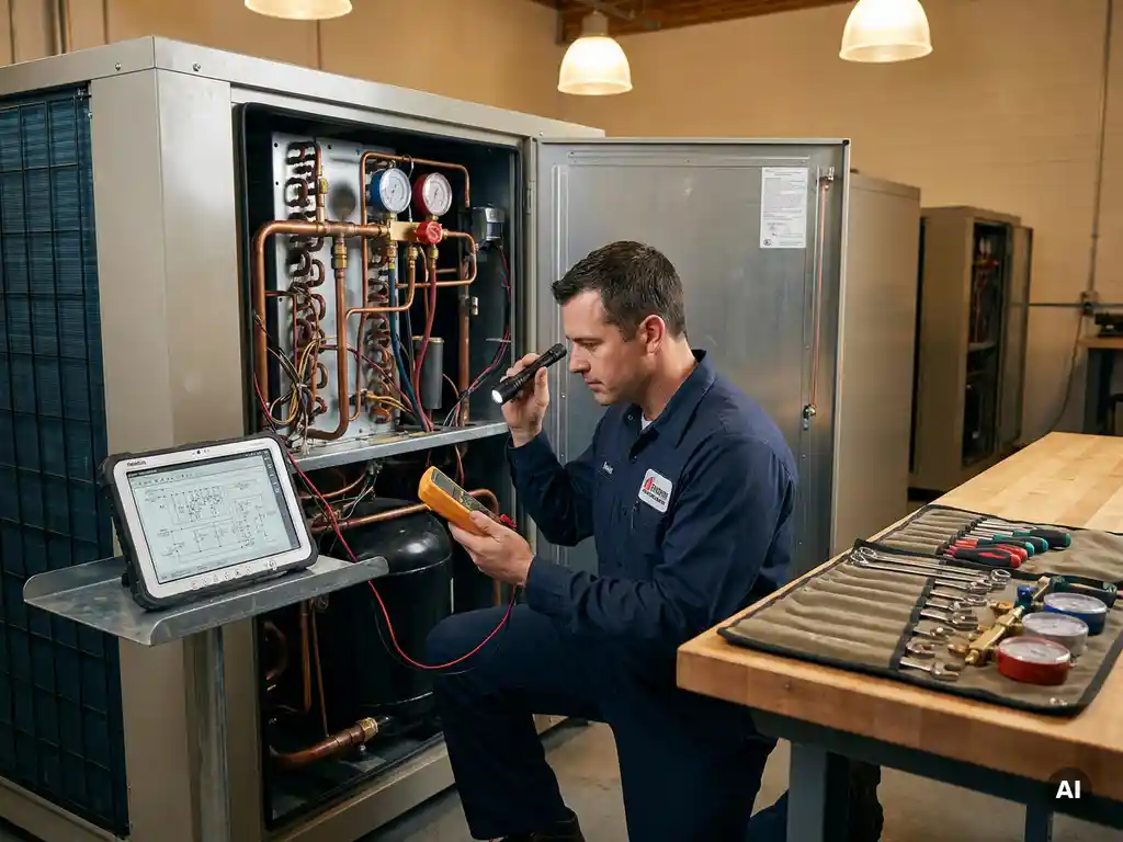 Technicus in blauw uniform onderzoekt koelunit, gereedschap op werkbank, tablet met schema's, zachte verlichting, fotorealistisch.