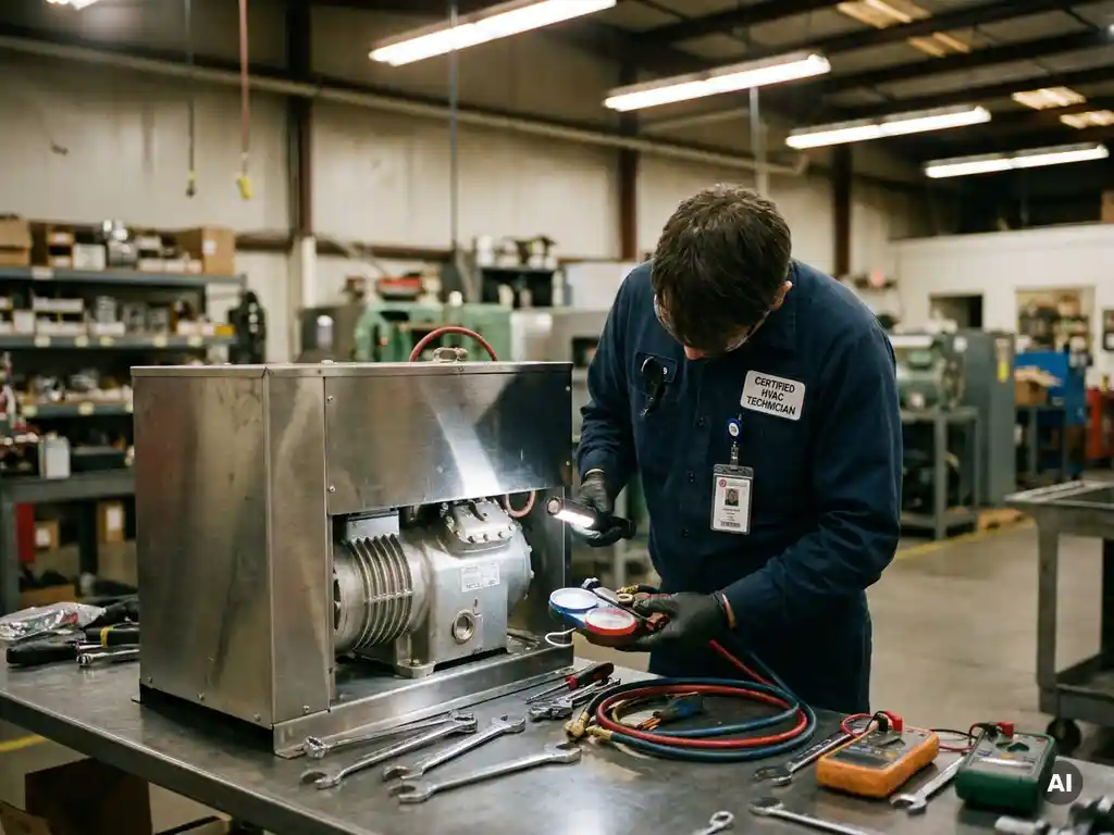Technicus in blauw uniform onderzoekt koeleenheid in werkplaats, certificaat zichtbaar, omringd door gereedschap en meters.