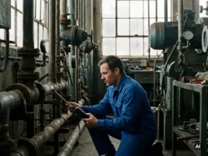 Technicus in blauw uniform inspecteert pijpleidingnetwerk met lekdetector, omgeven door industriële machines en zacht natuurlijk licht.