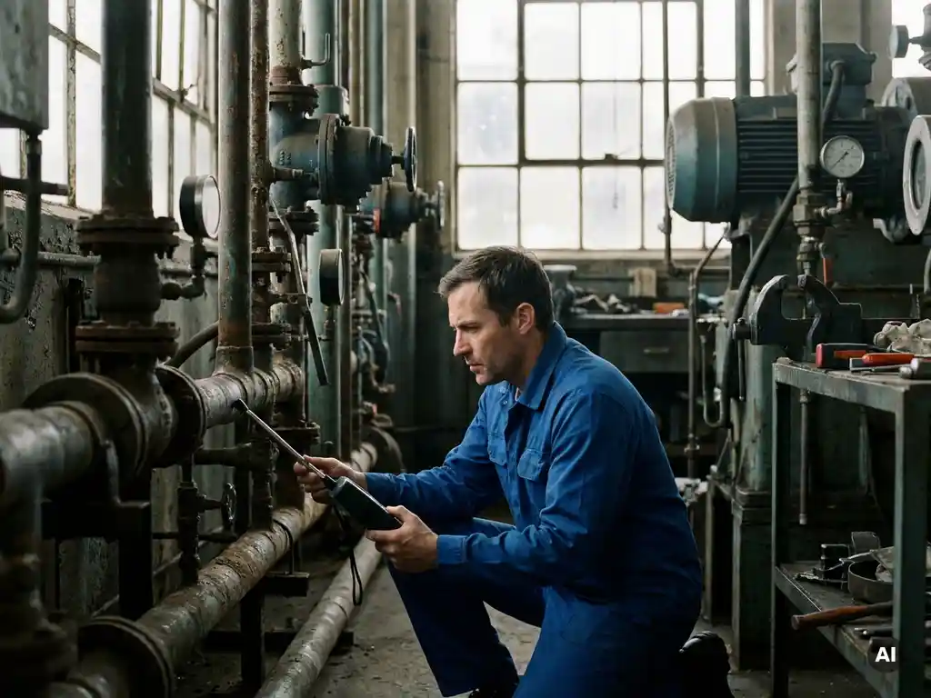 Technicus in blauw uniform inspecteert pijpleidingnetwerk met lekdetector, omgeven door industriële machines en zacht natuurlijk licht.