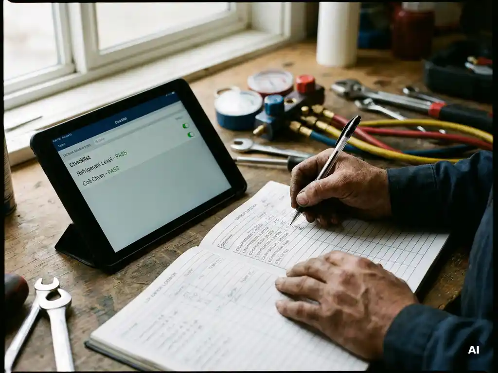 Technicus vult logboek in naast tablet met checklist, gereedschap op werkbank, natuurlijk licht, fotorealistische details.