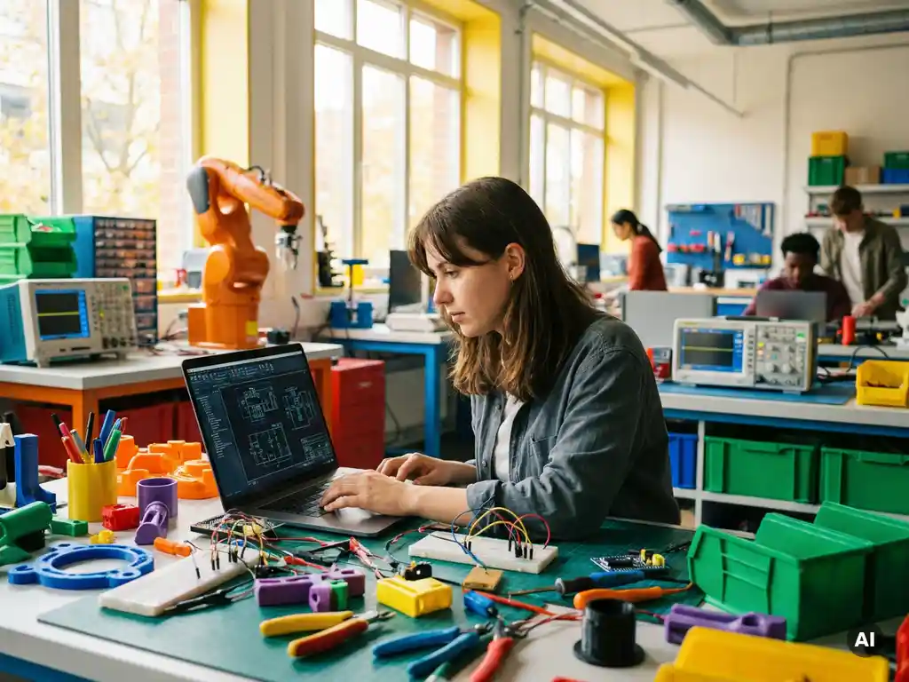 Jonge technicus in moderne werkplaats met kleurrijke gereedschappen, laptop met digitale schema's, heldere verlichting, levendige sfeer.