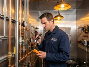 Technicus onderzoekt netwerk van leidingen en kleppen, certificaatbadge zichtbaar, goed verlichte nutsruimte, gedetailleerd en realistisch.