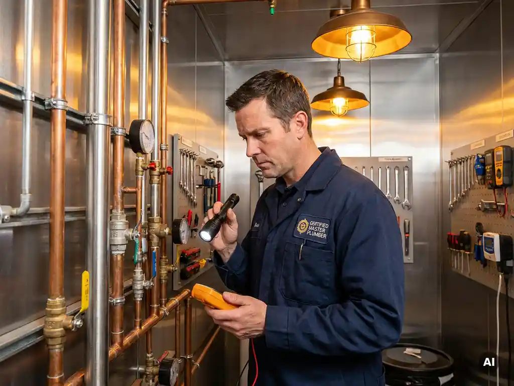 Technicus onderzoekt netwerk van leidingen en kleppen, certificaatbadge zichtbaar, goed verlichte nutsruimte, gedetailleerd en realistisch.