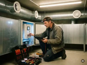 Technicus onderzoekt ventilatiesysteem bedieningspaneel, omringd door luchtkanalen en gereedschapskist, filmische scherptediepte.