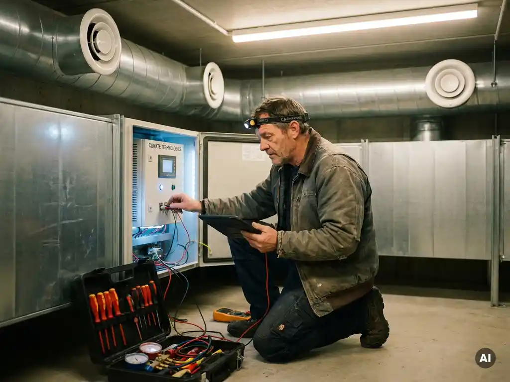 Technicus onderzoekt ventilatiesysteem bedieningspaneel, omringd door luchtkanalen en gereedschapskist, filmische scherptediepte.