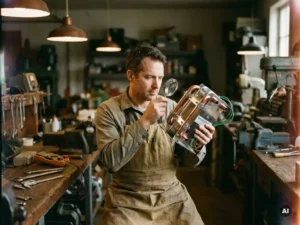 Technicus onderzoekt eco-vriendelijk verwarmingssysteem in werkplaats, omringd door traditionele gereedschappen, warme verlichting.