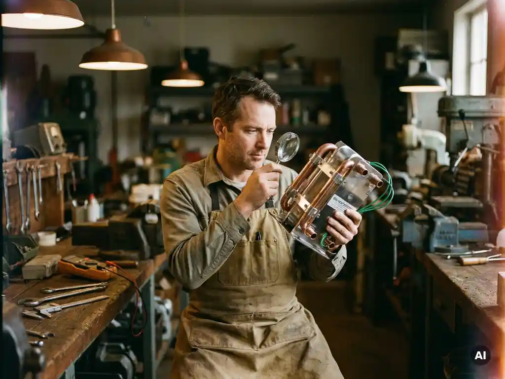 Technicus onderzoekt eco-vriendelijk verwarmingssysteem in werkplaats, omringd door traditionele gereedschappen, warme verlichting.