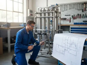 Technicus onderzoekt waterfiltratiesysteem met bouwschema, georganiseerd gereedschap op achtergrond, natuurlijk licht in werkplaats.