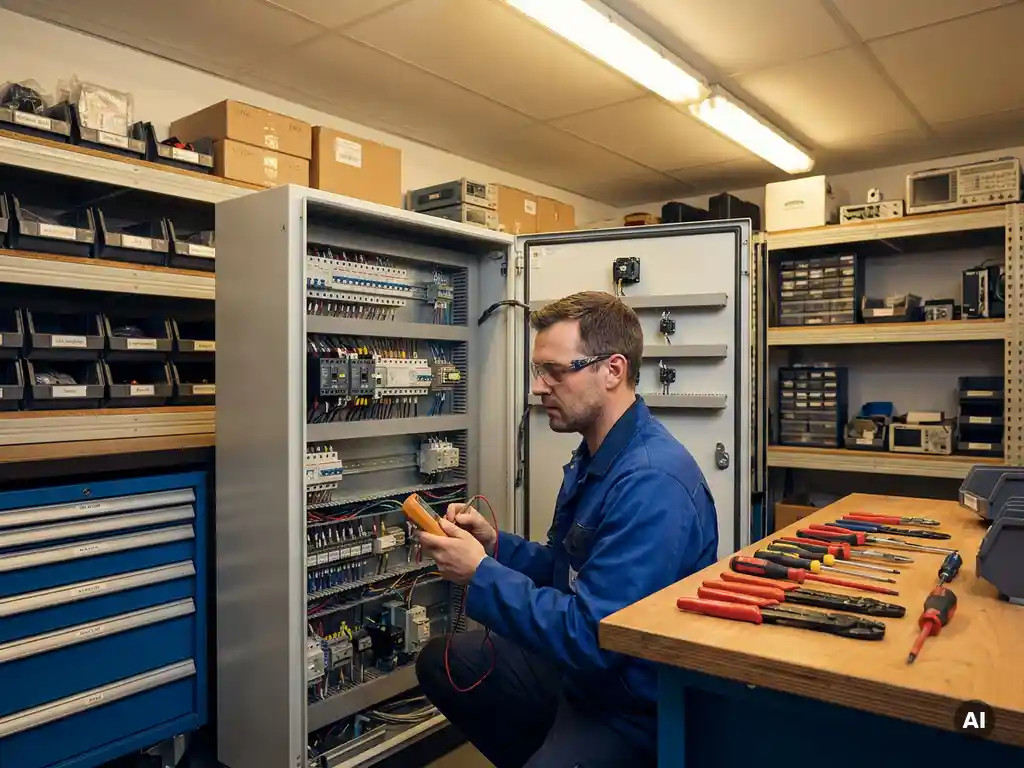 Technicus onderzoekt elektrisch paneel in werkplaats, omringd door gereedschap en apparatuur, met zachte verlichting en gedetailleerde precisie.
