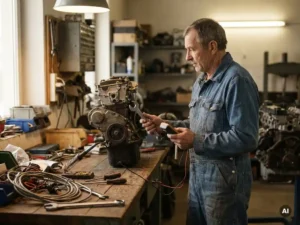 Technicus met moersleutel en multimeter, omringd door gereedschap op werkbank, sfeervolle verlichting, fotorealistische stijl.