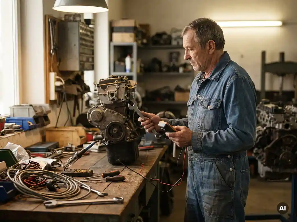 Technicus met moersleutel en multimeter, omringd door gereedschap op werkbank, sfeervolle verlichting, fotorealistische stijl.