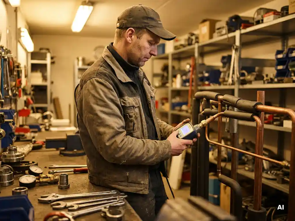Technicus onderzoekt koperleidingen met digitale flowmeter in werkplaats, omringd door gereedschap, warme verlichting, fotorealistisch.