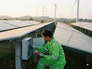 Technicus in groene uniform onderzoekt zonnepaneelbesturing, omgeven door zonnepanelen en windturbines, onder natuurlijk zonlicht.