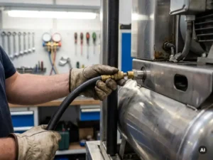 Technicus bevestigt vacuümpompslang aan industriële koelunit, glanzende metalen oppervlakken, gereedschap op achtergrond.