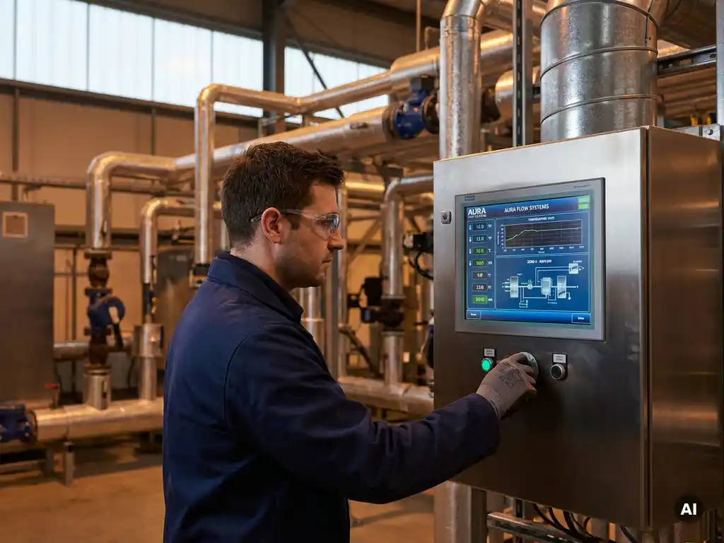 Ingenieur stelt moderne ventilatiesysteem bedieningspaneel af, omgeven door industriële leidingen, met sfeervol licht en metallic texturen.