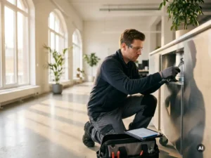 Technicus stelt modern ventilatiesysteem af in lichte kamer met zonlicht door ramen, focus op expertise en filmische diepte.