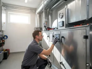 Technicus stelt ventilatiesysteem af in een moderne mechanische ruimte met metalen leidingen en bedieningspanelen, natuurlijk licht.