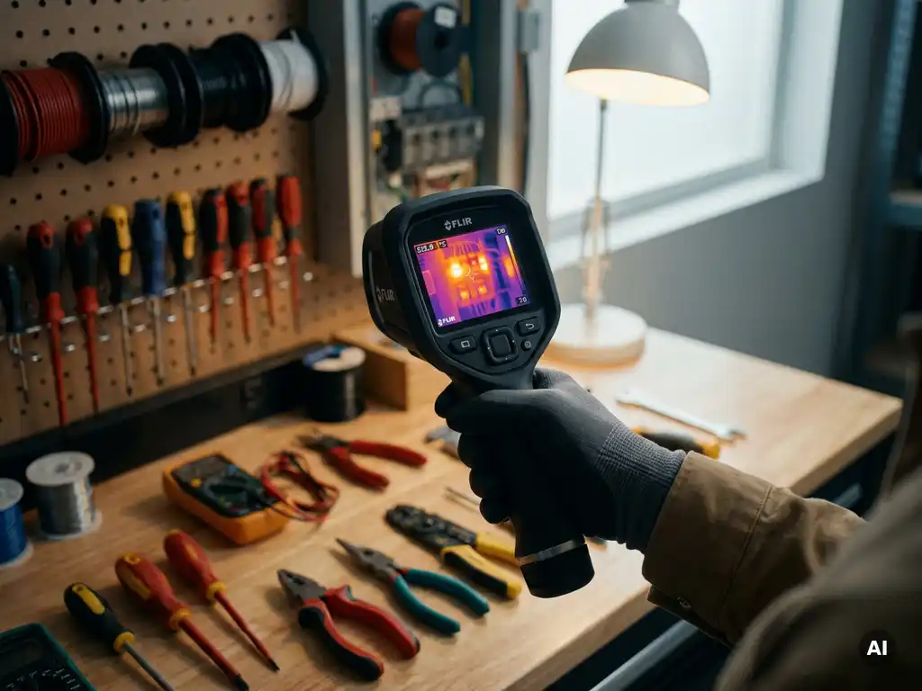 Elektricien houdt warmtebeeldcamera met warmtekaart van elektrisch paneel, omringd door gereedschap op werkbank, sfeervol verlicht.