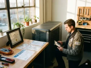 Technicus onderzoekt moderne warmtepomp in goed verlichte werkplaats met certificaten op werkbank, gefotografeerd op 35mm film.