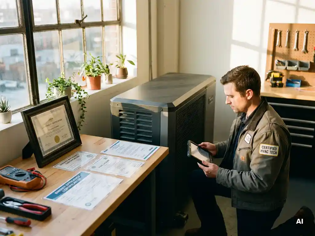 Technicus onderzoekt moderne warmtepomp in goed verlichte werkplaats met certificaten op werkbank, gefotografeerd op 35mm film.