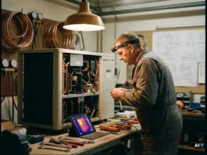 Technicus onderzoekt warmtepomp in werkplaats, omringd door gereedschap en apparatuur, sfeervol verlicht, gedetailleerd en realistisch.