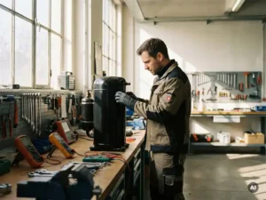Technicus onderzoekt moderne warmtepomp in nette werkplaats, omringd door precisiegereedschap, met zacht natuurlijk licht.